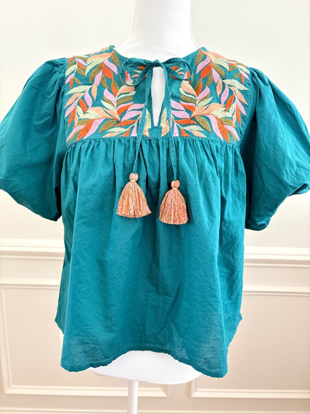 THML by Anthropologie Holly Teal Embroidered Puff Sleeve Tassel Tie Boho Top S